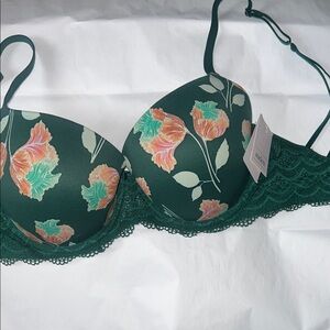 Auden Daydream 32DDD Floral Lace Trim Bra - Green